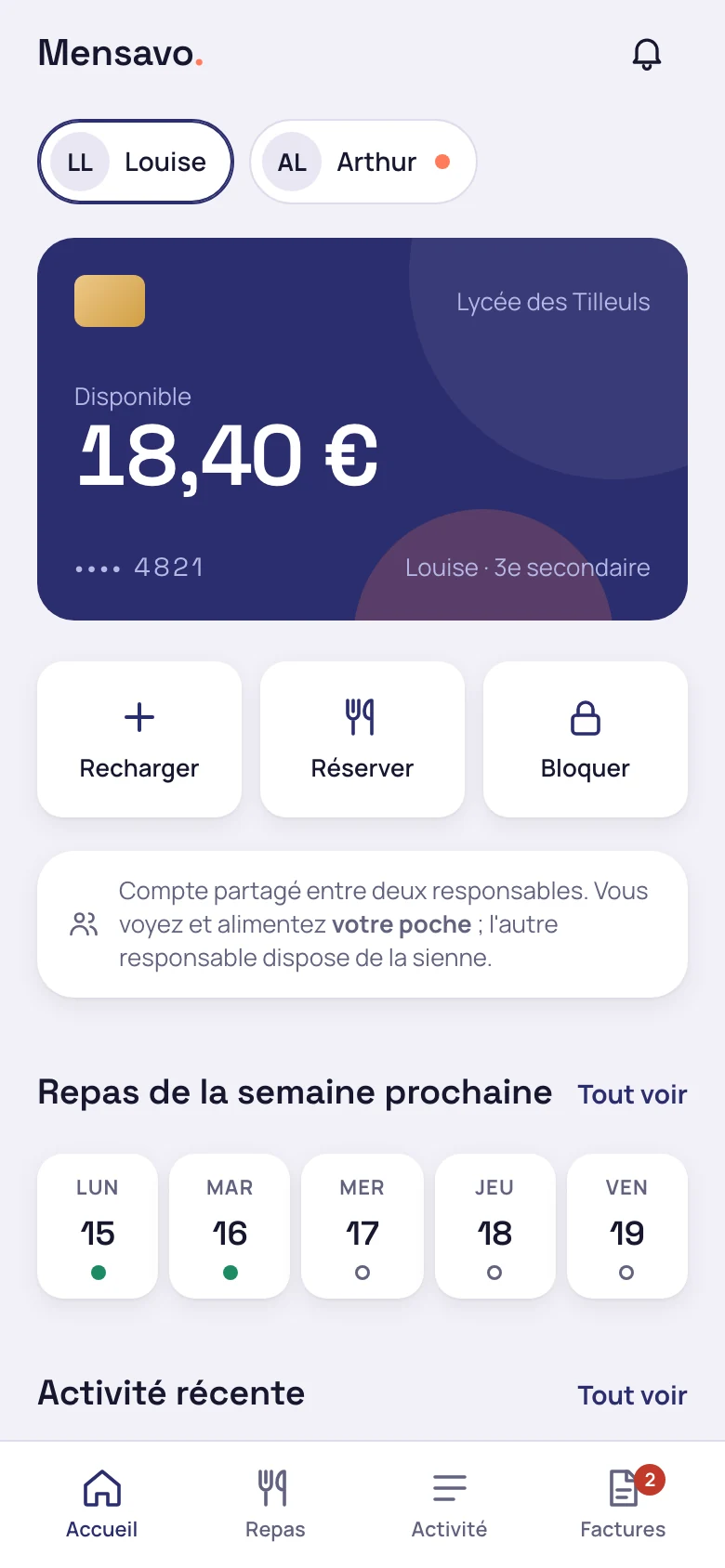 Écran d'accueil du portail des familles Mensavo, avec le solde disponible, les raccourcis Recharger, Réserver, Bloquer et les repas de la semaine.