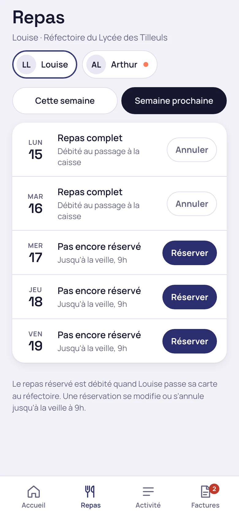 Écran de réservation des repas de la semaine sur le portail Mensavo, avec le statut de chaque jour et le bouton Réserver.