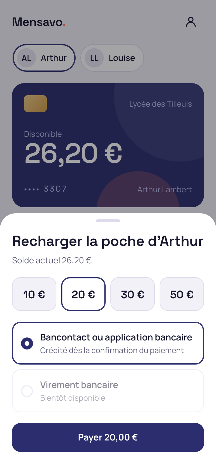 Écran de rechargement réel du portail Mensavo, avec le montant, le paiement par Bancontact et l'option de virement bancaire.