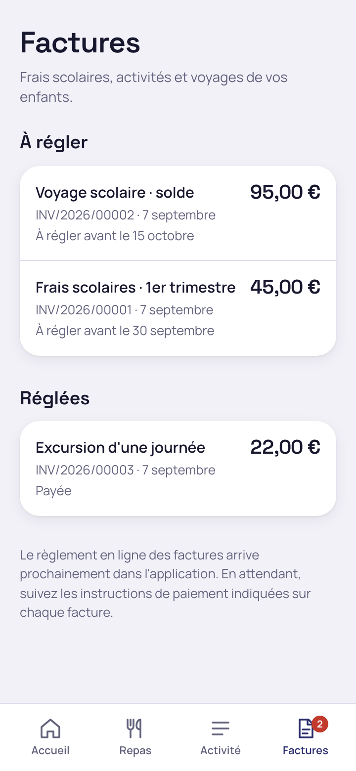 Écran Factures réel du portail Mensavo : frais scolaires et activités à régler et déjà réglés.