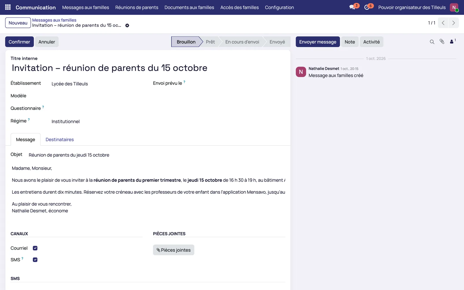 Message aux familles ciblé sur un groupe d'élèves