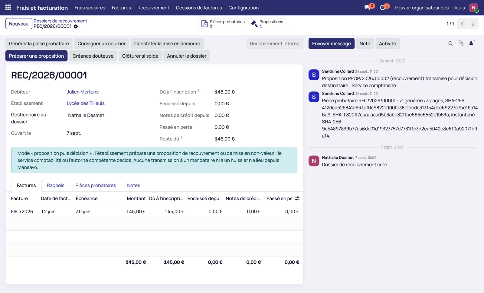 Dossier de recouvrement avec ses factures et rappels