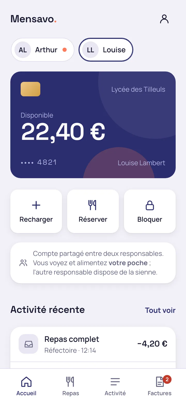 Accueil du portail des familles avec le solde disponible de l'élève