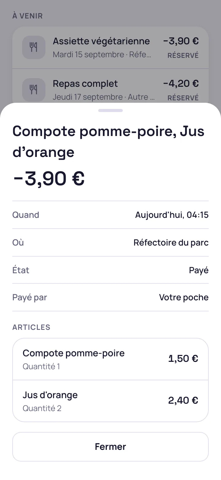Détail d'un achat au réfectoire vu par le parent