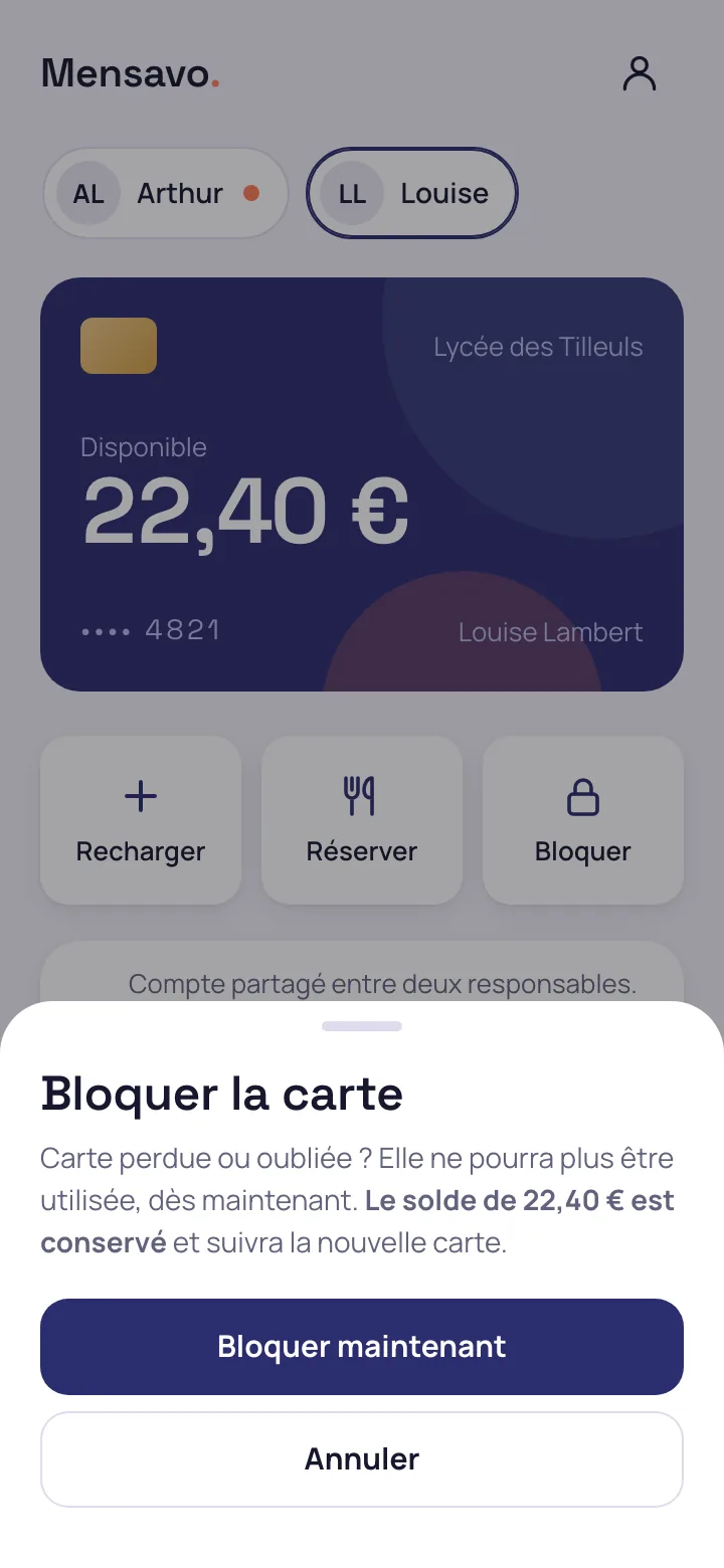 Confirmation du blocage de la carte sur le portail des familles