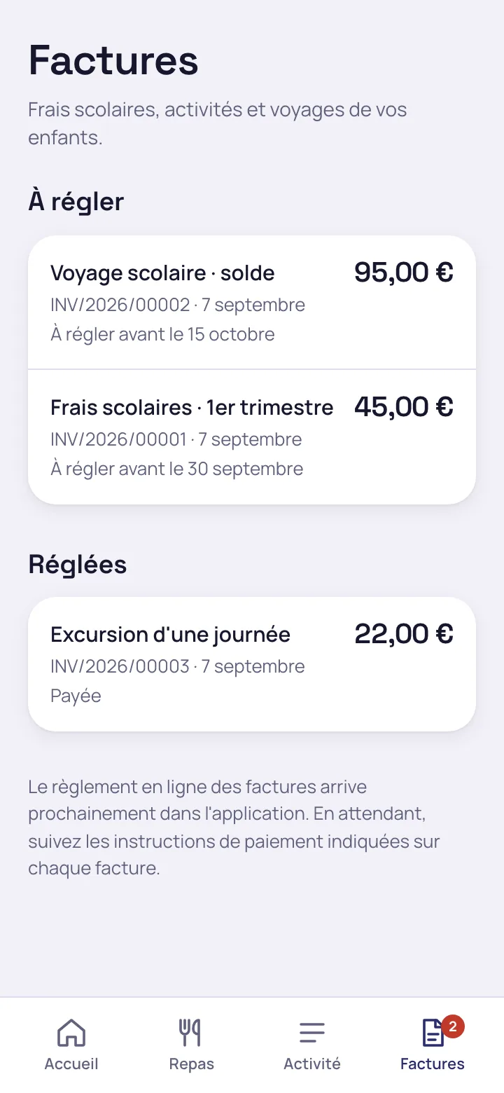 Factures scolaires à régler et factures réglées