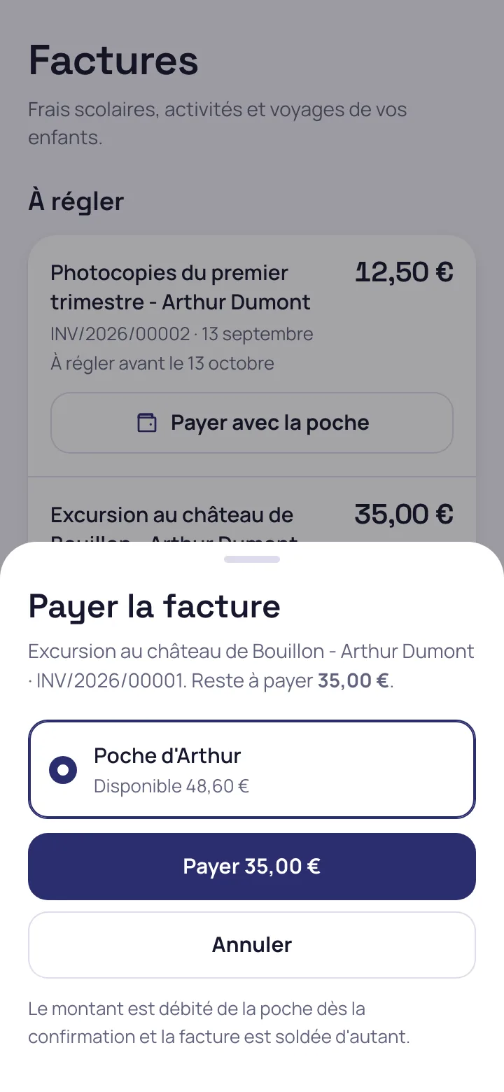 Paiement d'une facture scolaire par le parent