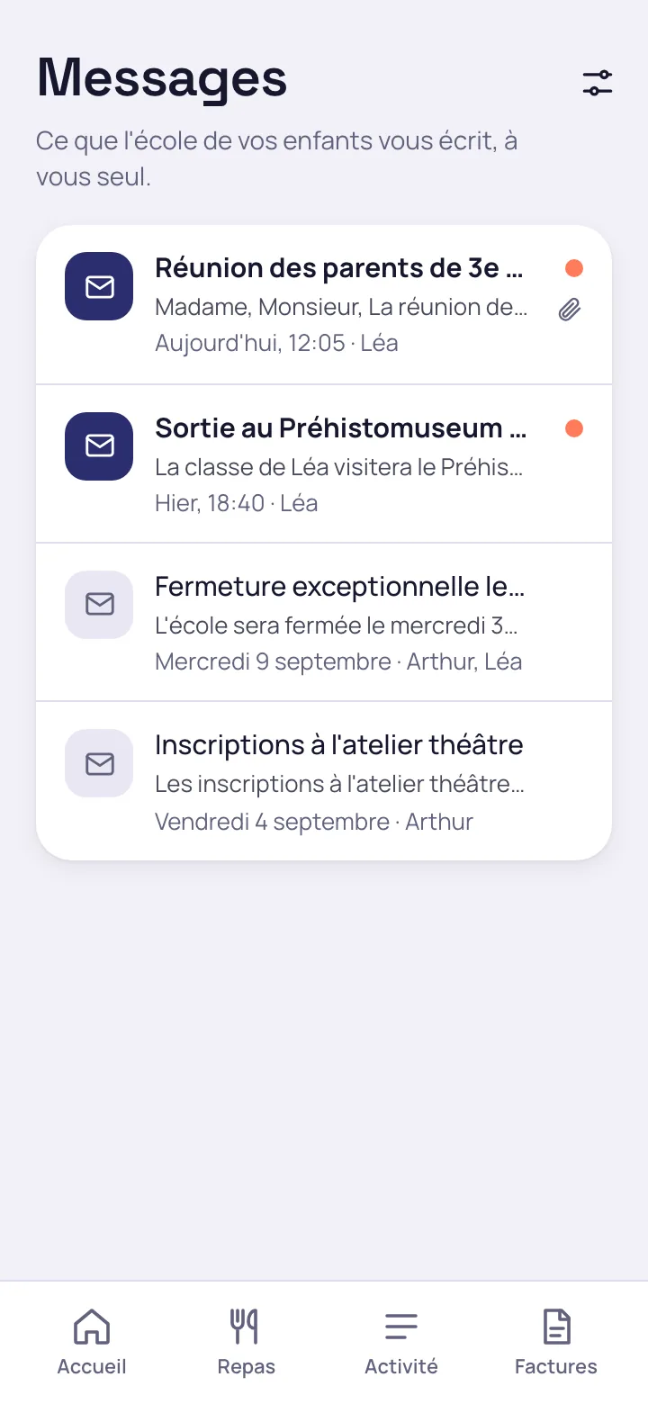 Messages de l'école reçus par le parent