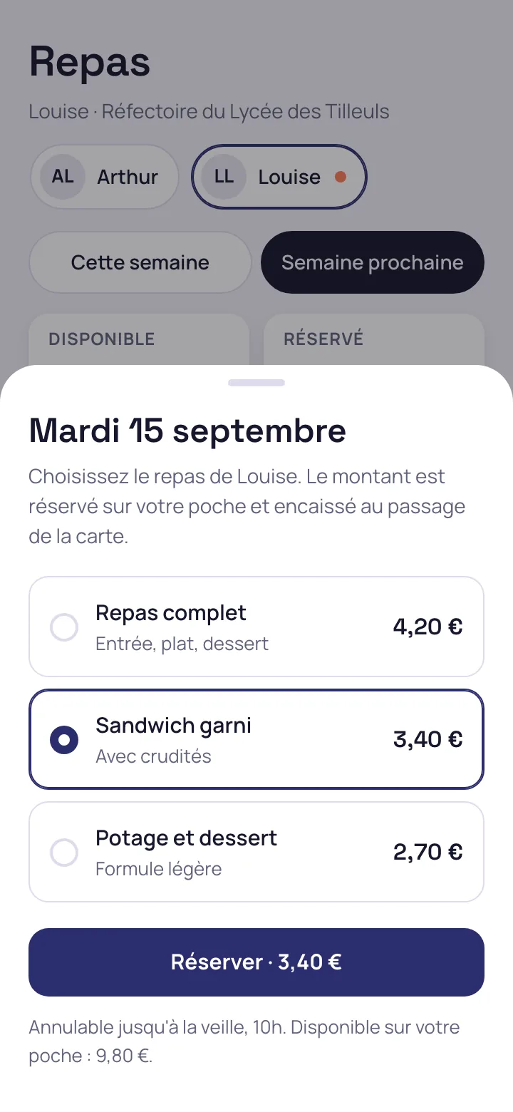 Choix du repas du jour sur le portail des familles