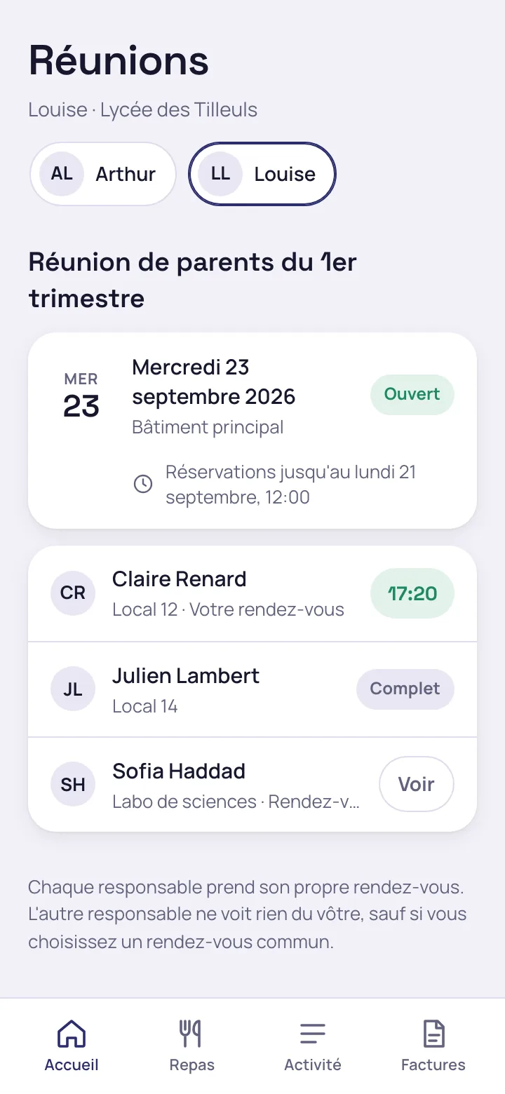 Réunion de parents avec les créneaux par professeur