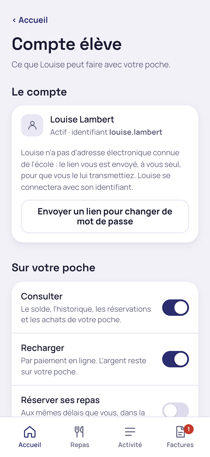 Écran Compte élève côté parent : autorisations et plafonds accordés à l'élève