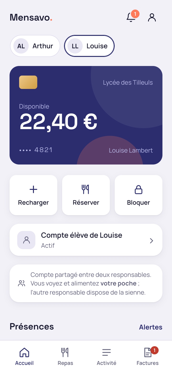 Accueil du portail avec le solde disponible de l'élève et l'accès au compte élève