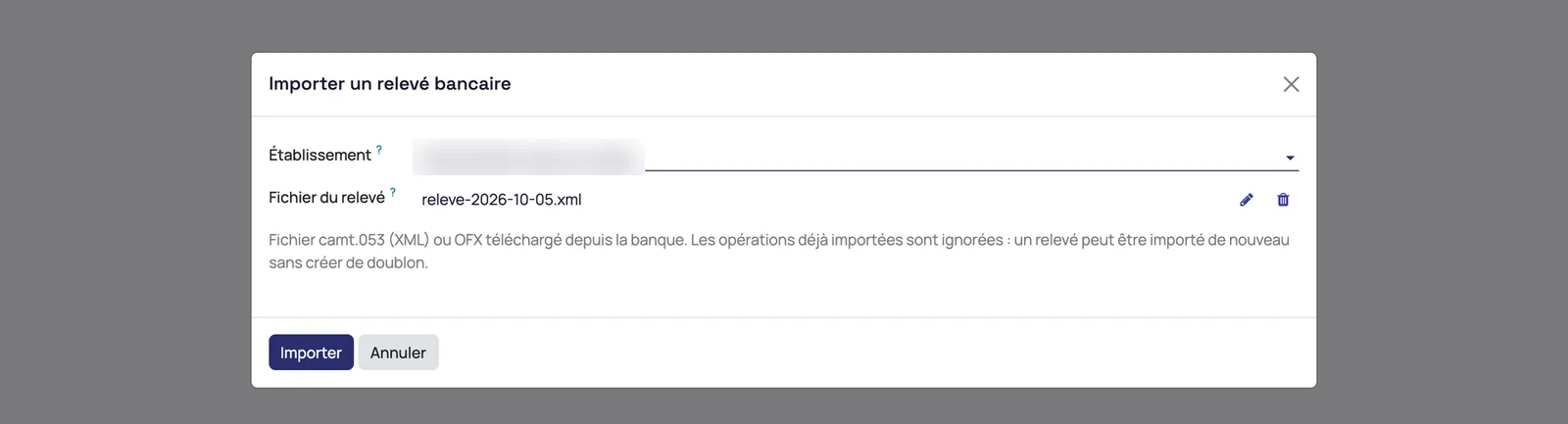 Import d'un relevé bancaire camt.053 ou OFX
