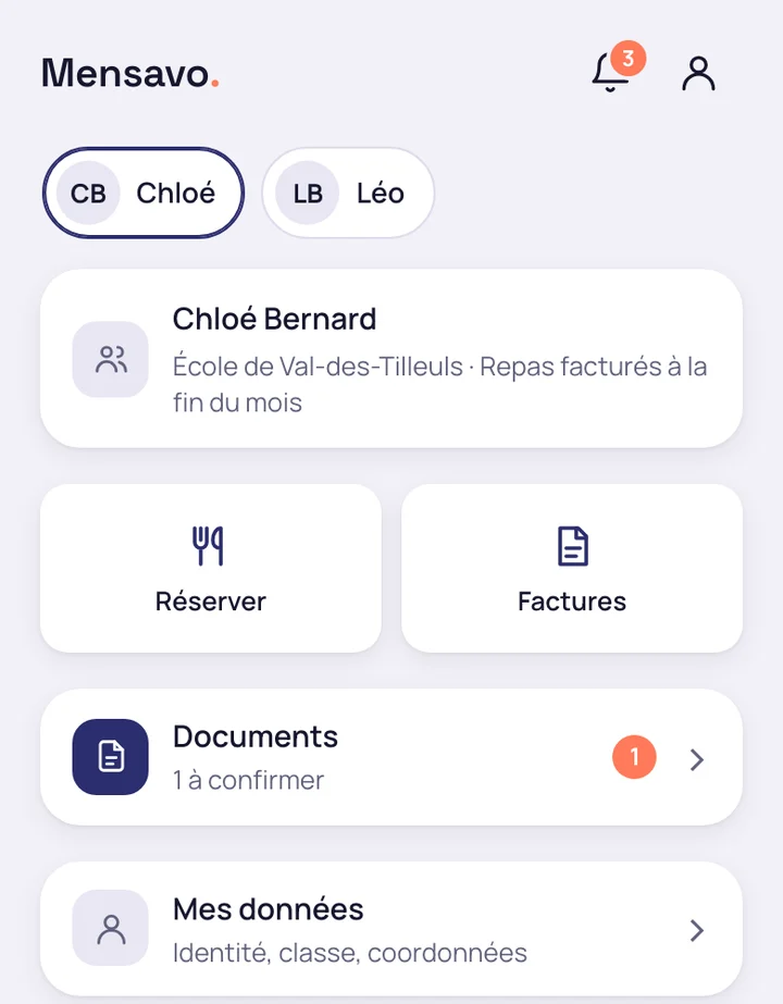 Accueil de l'application des familles : les enfants, Réserver, Factures et Documents, sans solde