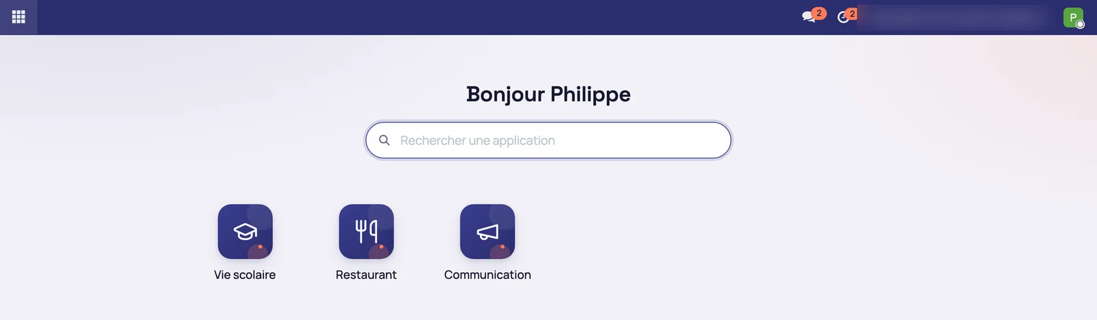 Accueil du back-office d'une cantine associative avec trois applications : Vie scolaire, Restaurant, Communication