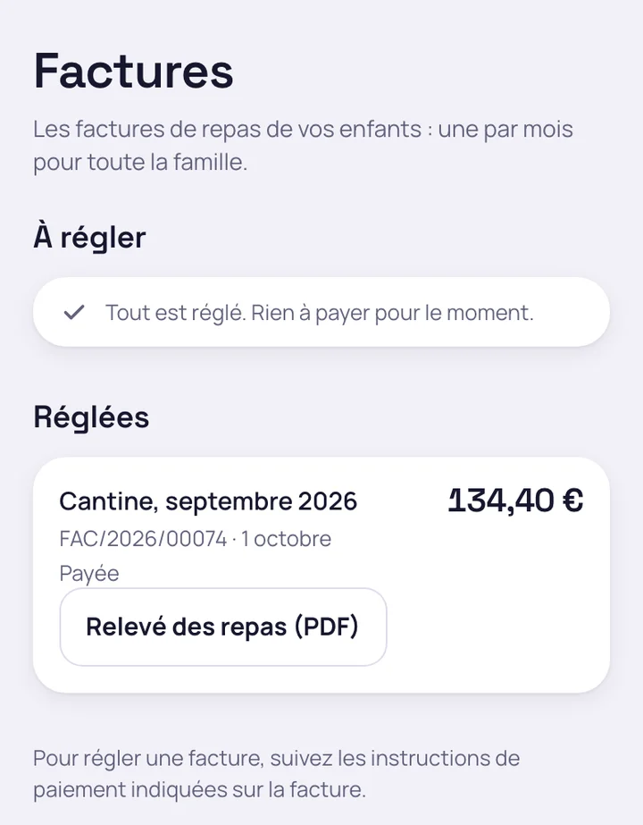 Application des familles : facture de cantine du mois payée, avec le relevé des repas en PDF