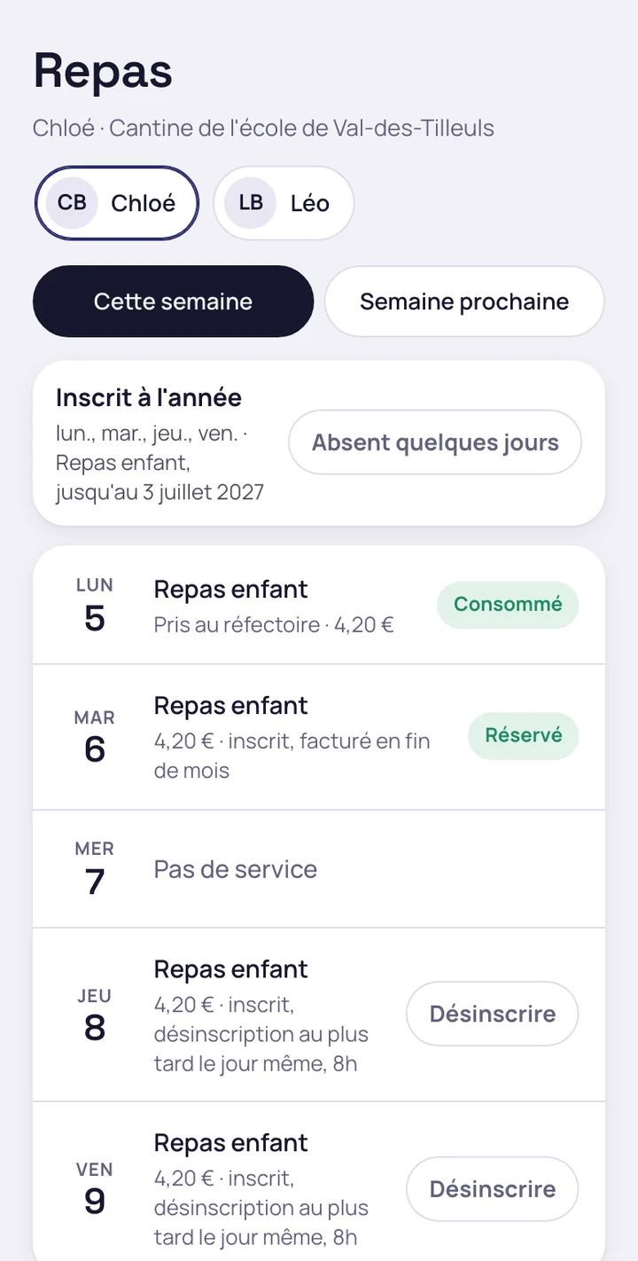 Application des familles : jours inscrits à l'année avec le bouton Désinscrire et l'heure limite
