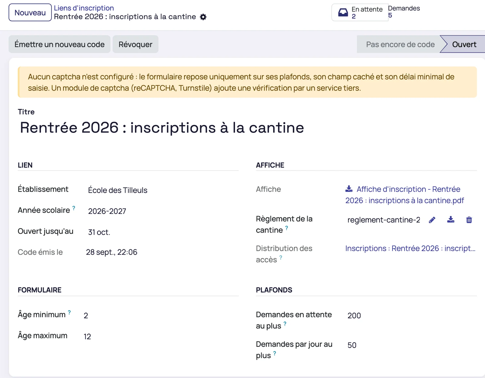 Fiche du lien d'inscription : établissement, année scolaire, date de fin, règlement et plafonds