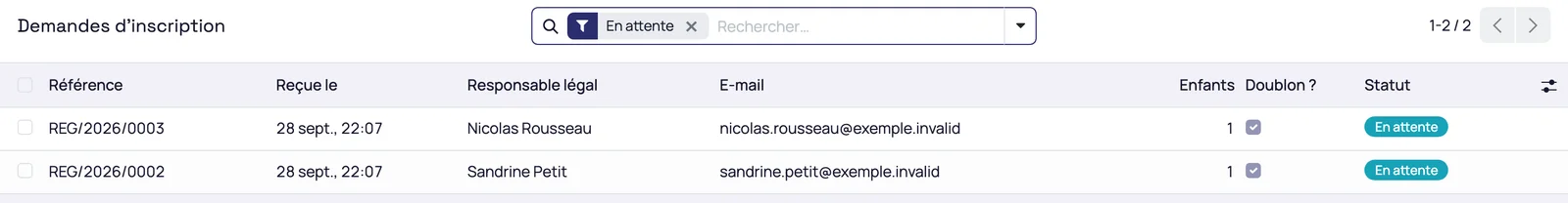 Liste des demandes d'inscription en attente avec la colonne Doublon