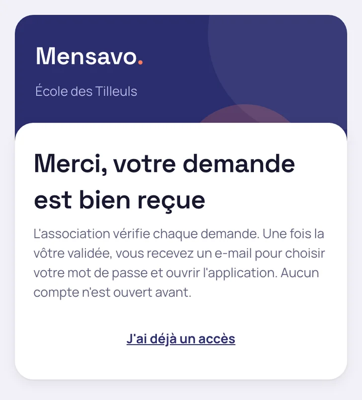 Réponse affichée à la famille après l'envoi de la demande
