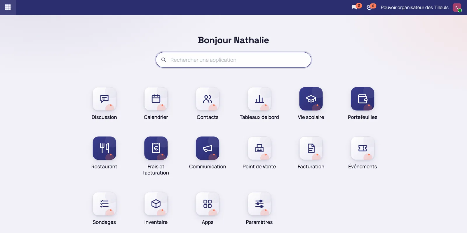 Écran d'accueil du back-office Mensavo avec les applications Portefeuilles, Restaurant, Frais et facturation, Vie scolaire et Communication
