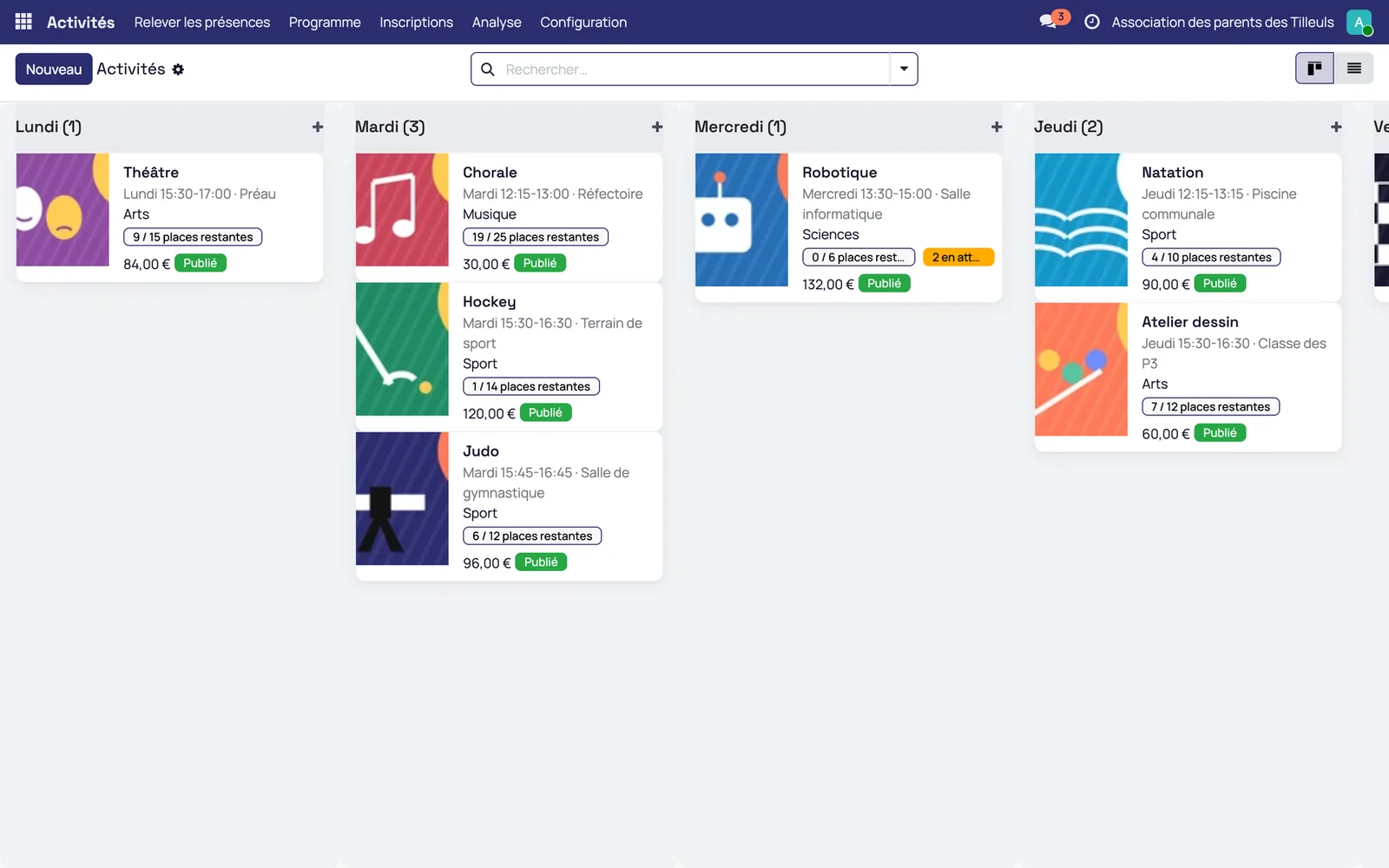 Programme du trimestre au back-office, une colonne par jour