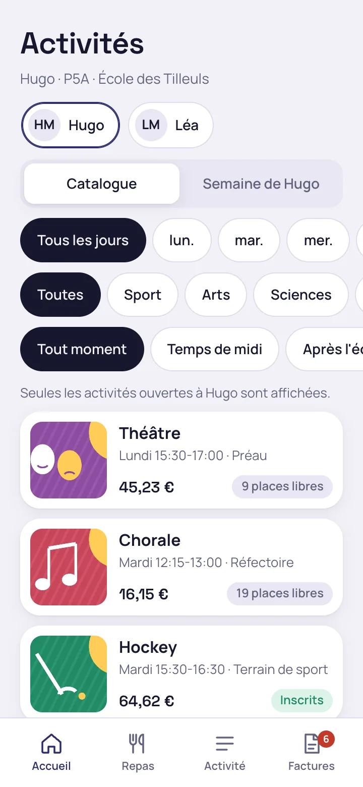 Catalogue des activités sur téléphone, limité à ce que l'enfant peut suivre