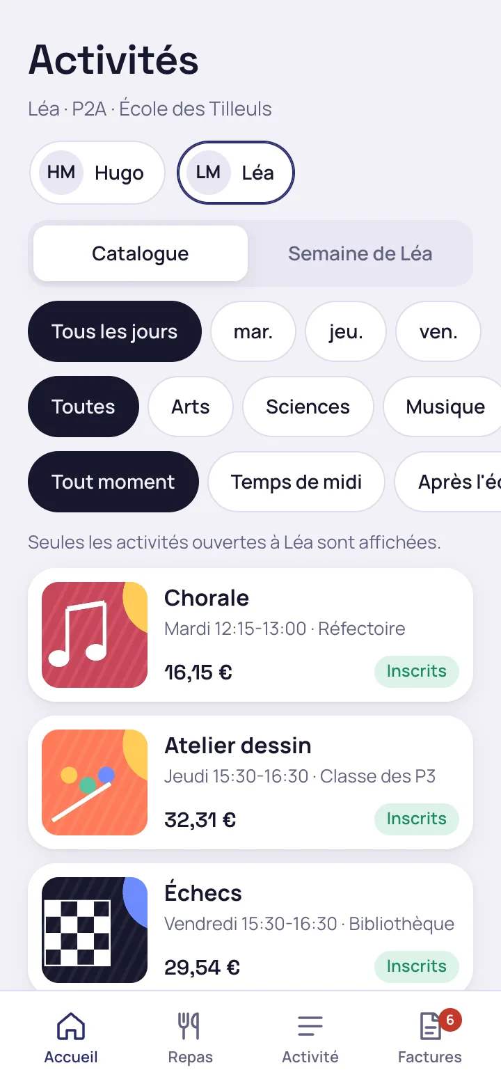 Catalogue d'un enfant plus jeune, avec les activités de son année