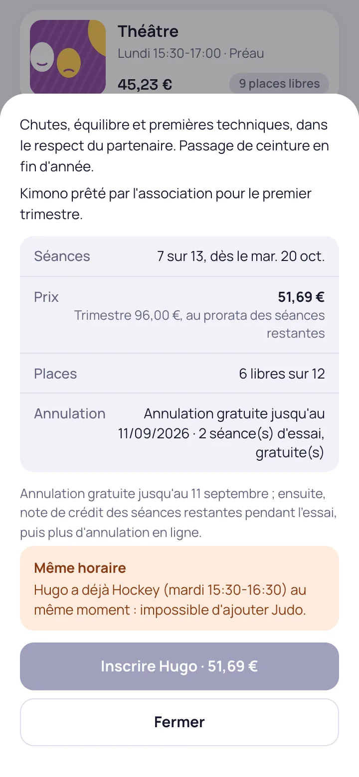 Conflit d'horaire refusé avec le nom de l'activité en conflit