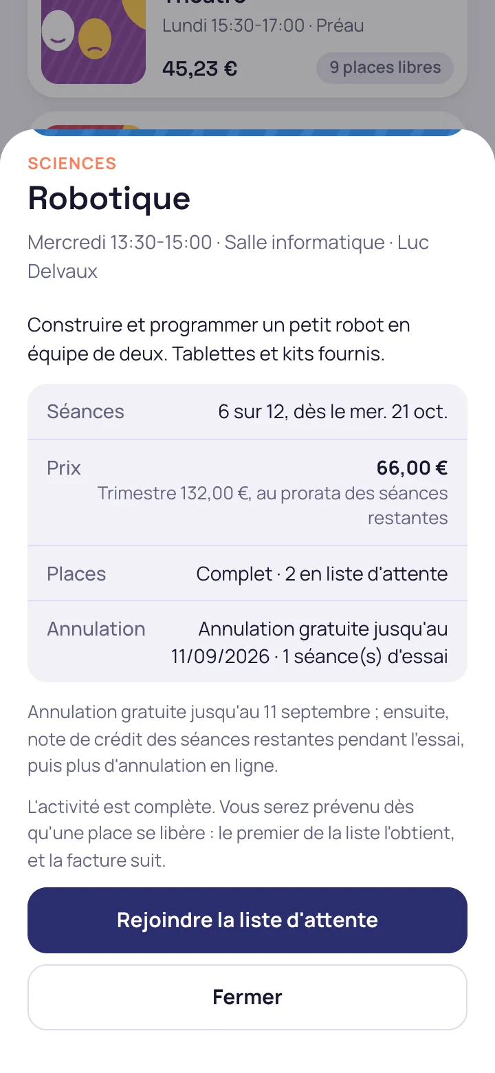 Activité complète avec bouton pour rejoindre la liste d'attente