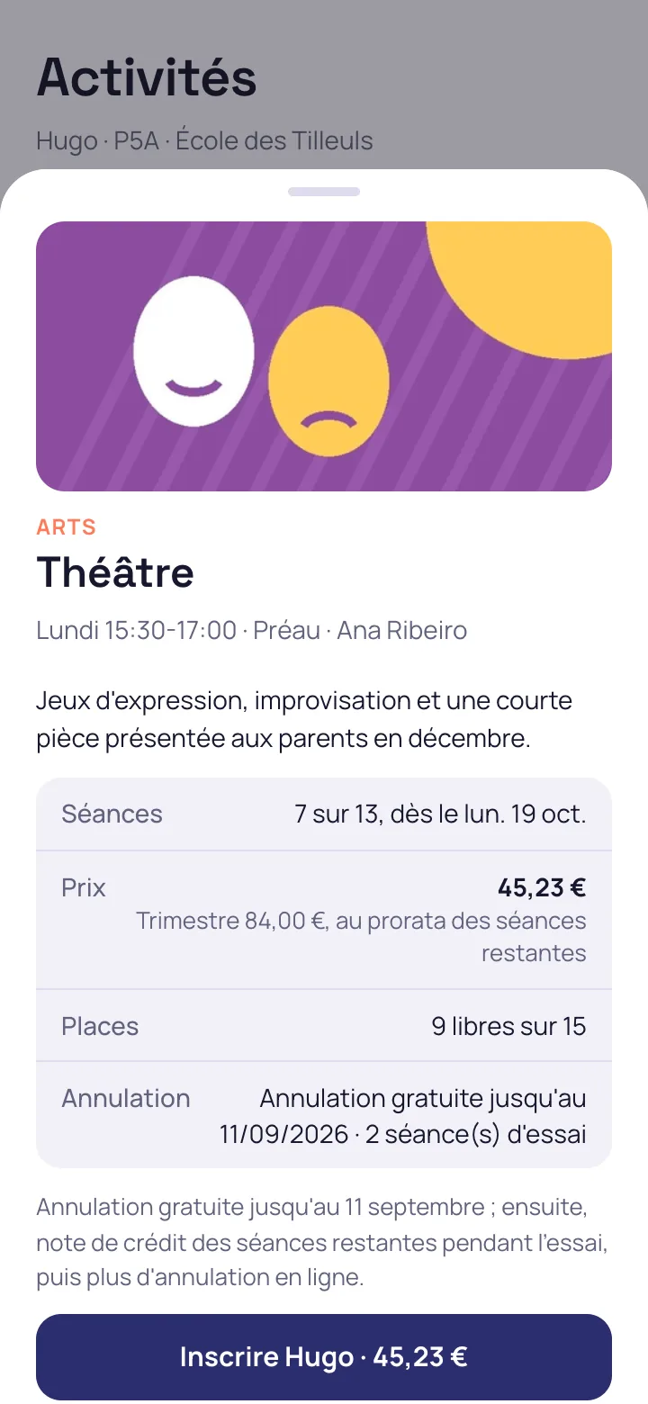 Fiche d'une activité avec les séances restantes, le prix au prorata et le bouton d'inscription