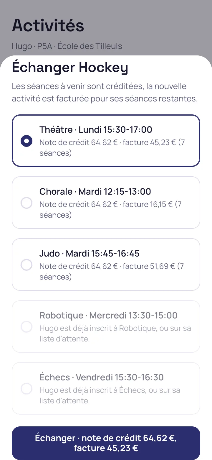 Échange d'activité avec la note de crédit et la nouvelle facture avant validation