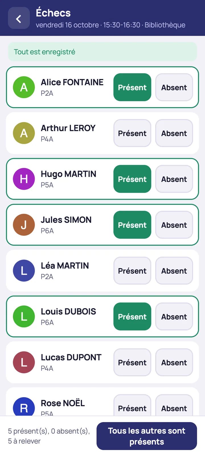 Appel du moniteur : Présent ou Absent pour chaque enfant