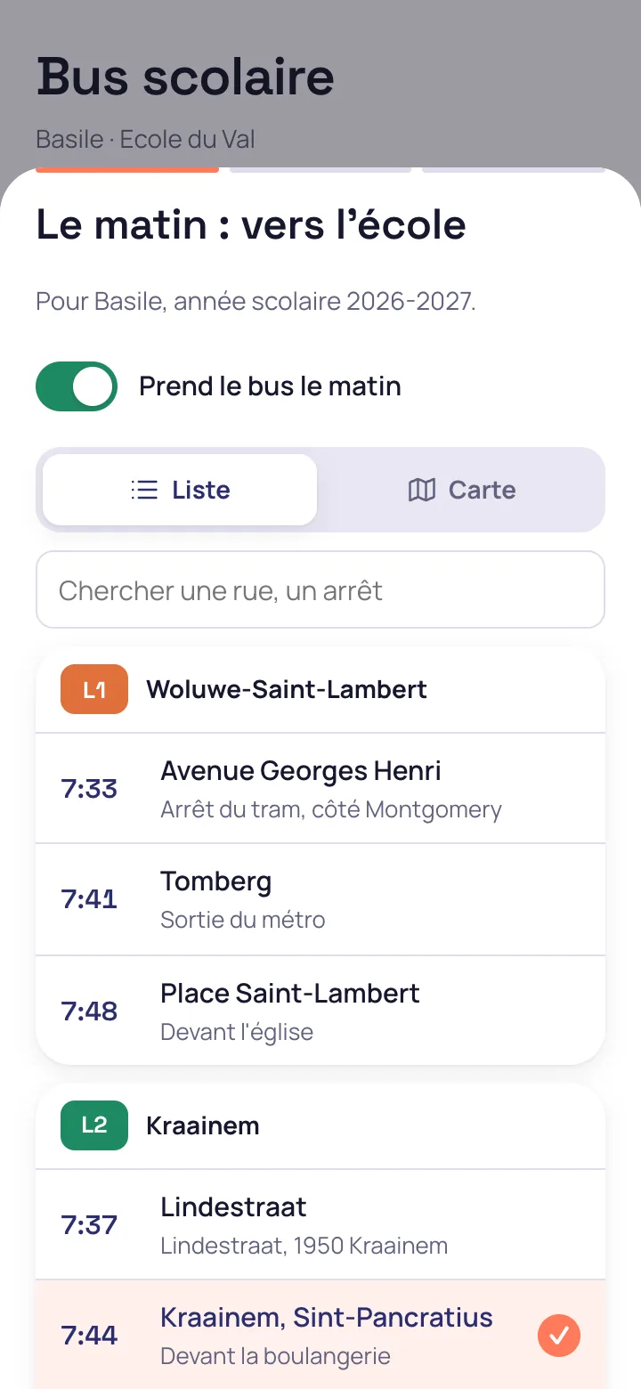 Choix de l'arrêt du matin dans une liste groupée par ligne avec l'heure de passage