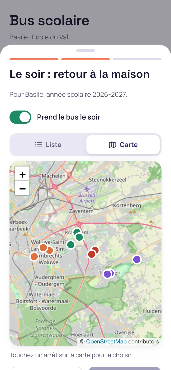 Choix de l'arrêt du soir sur une carte OpenStreetMap