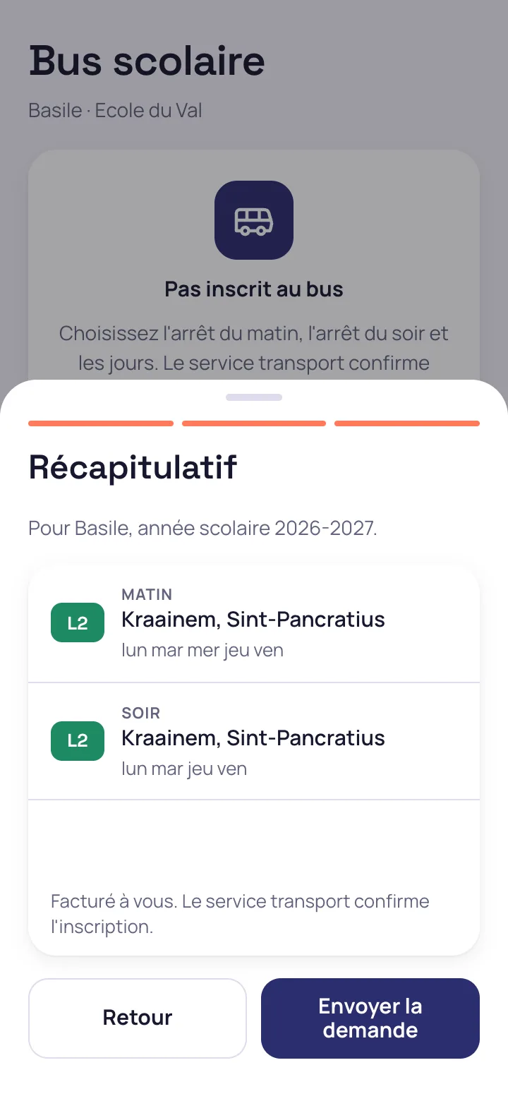 Récapitulatif des trajets avant l'envoi de la demande
