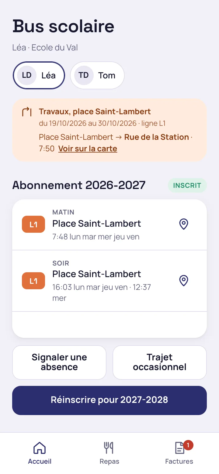 Déviation du bus scolaire affichée à la famille avec l'arrêt de remplacement