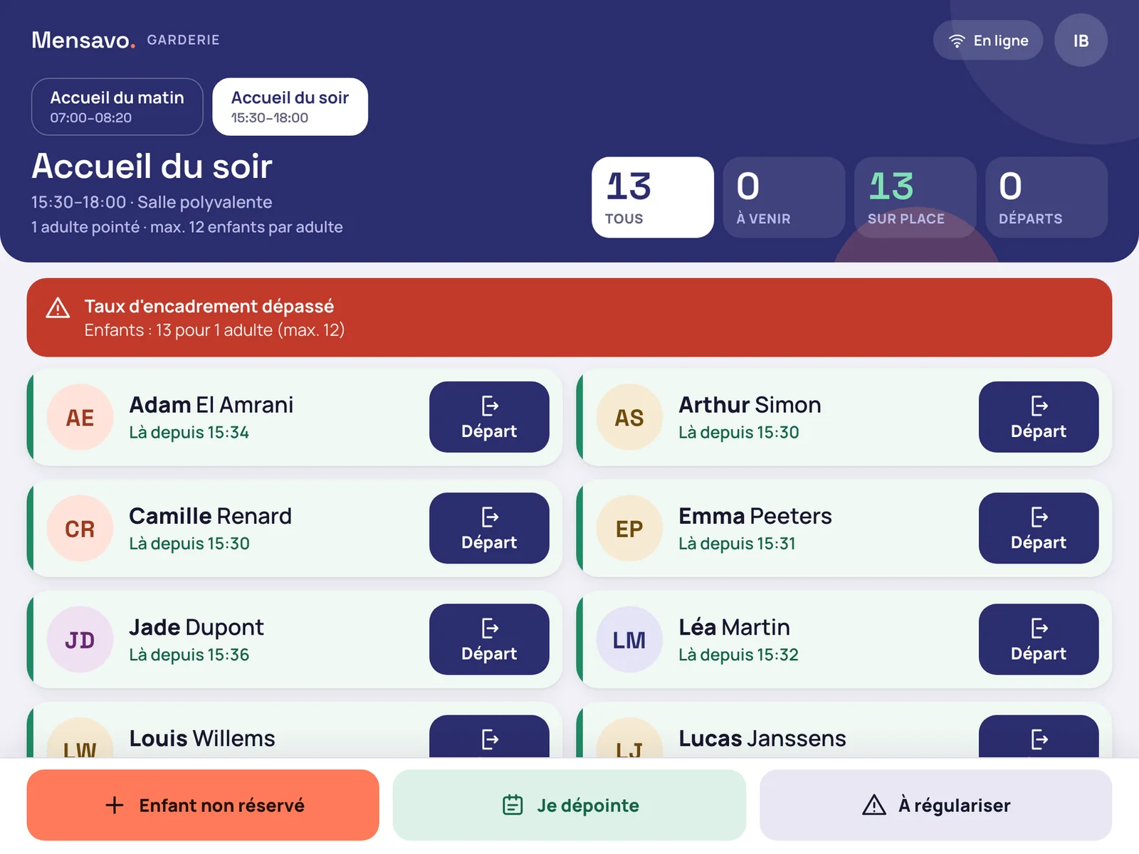 Bandeau rouge : 13 enfants pour 1 adulte, maximum 12