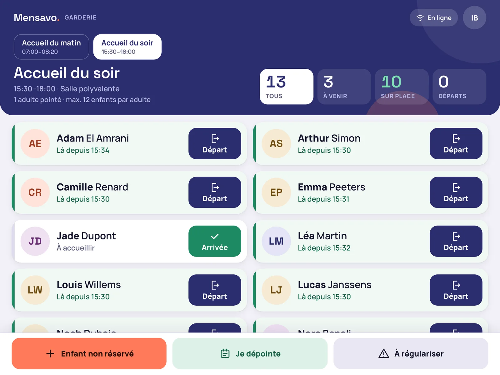 Liste des enfants de l'accueil du soir sur tablette, avec les compteurs et une touche Départ ou Arrivée pour chaque enfant
