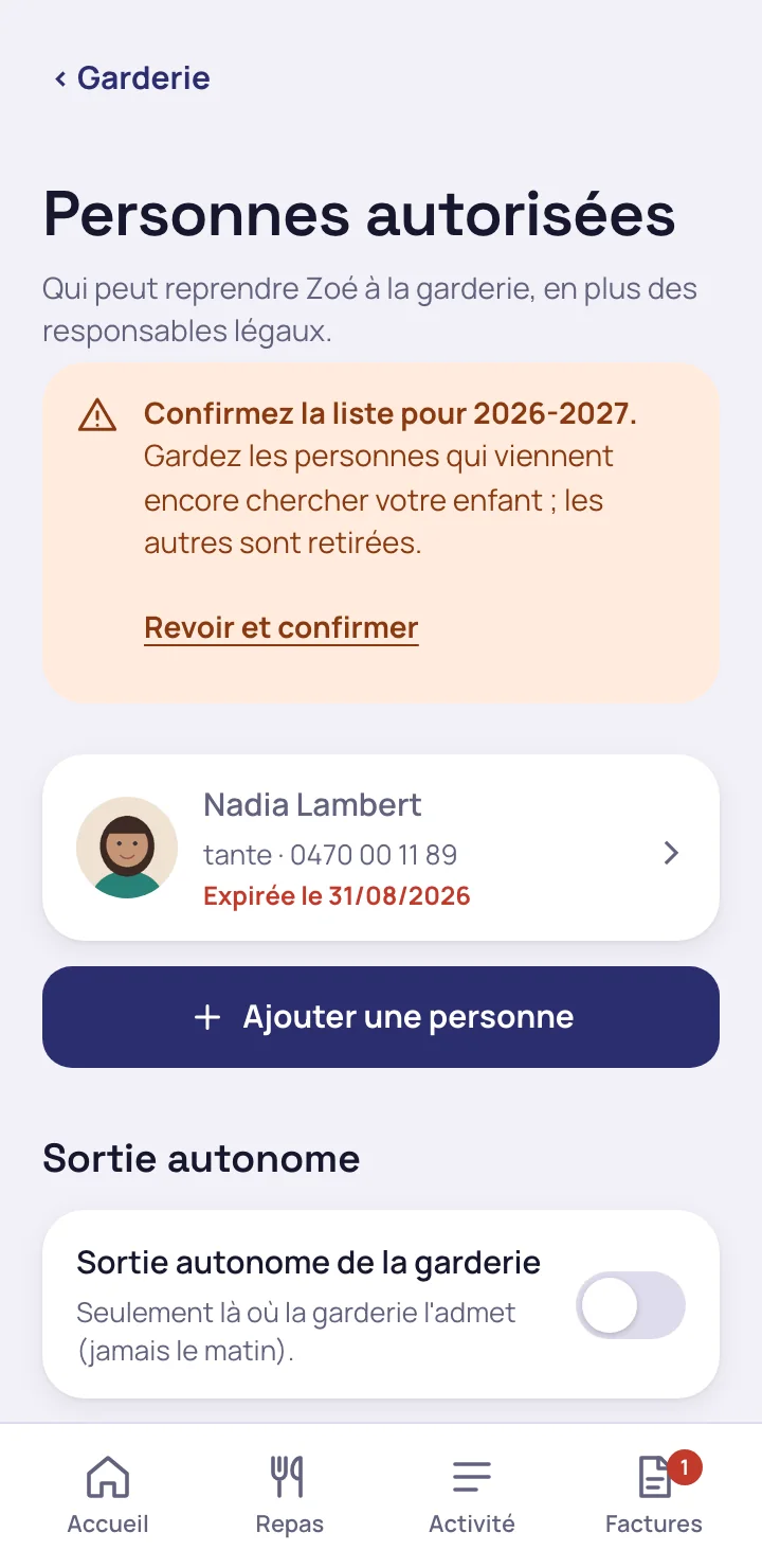 Liste des personnes autorisées avec la demande de confirmation pour la rentrée et la réglette de sortie autonome