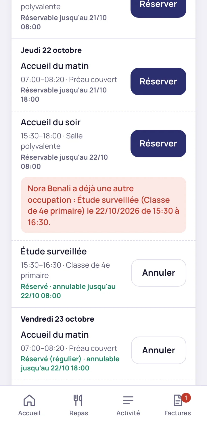 Réservation refusée : le message nomme l'étude surveillée qui occupe déjà l'enfant